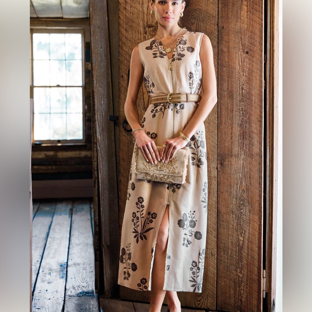 Spartina 449 Beige Floral Midi Dress with Brown Print